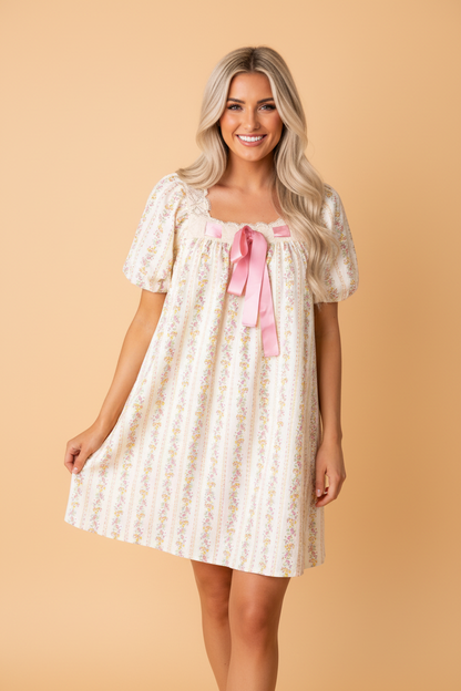 Floral Contrast Ribbon Bow Lace Square Mini Dress