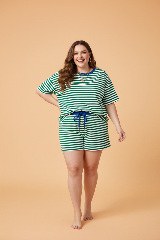 Plus Size Stripe Boxy Tee & Drawstring Short Set