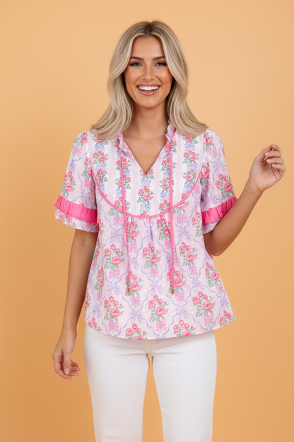 Floral Coquette Bow Ruffle Short Sleeve Blouse