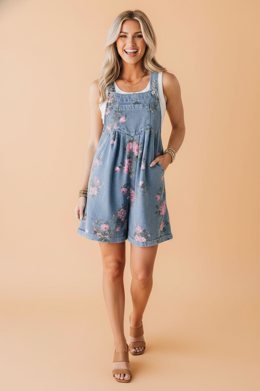 Floral Denim Adjustable Strap Romper