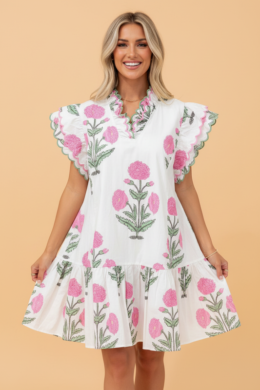 Floral Scalloped Embroidery V-Neck Mini Dress