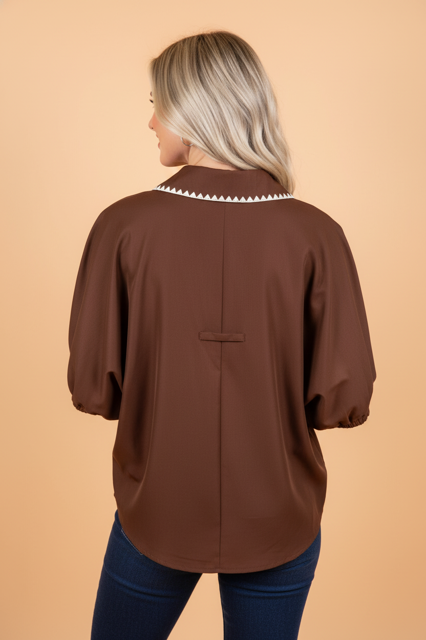 Contrast Trim Button V-Neck Short Sleeve Blouse