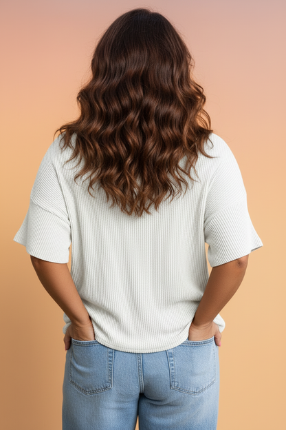 Plus Size Solid Corded Knit V-Neck T-Shirt