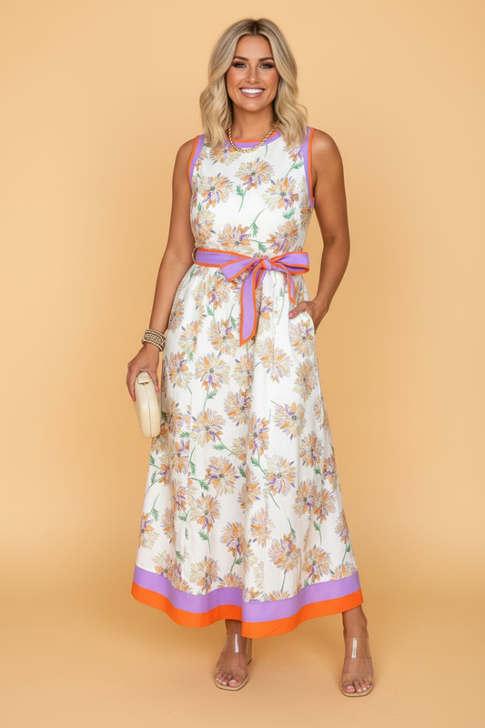 Floral Colorblock Trim Belted Sleeveless Maxi Dress