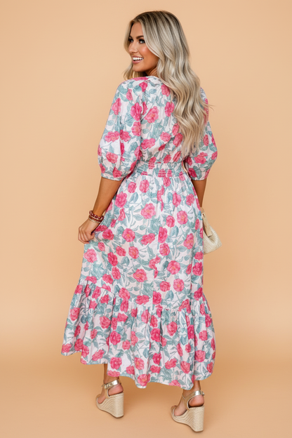 Floral Tie V-Neck Puff Sleeve Midi Dress