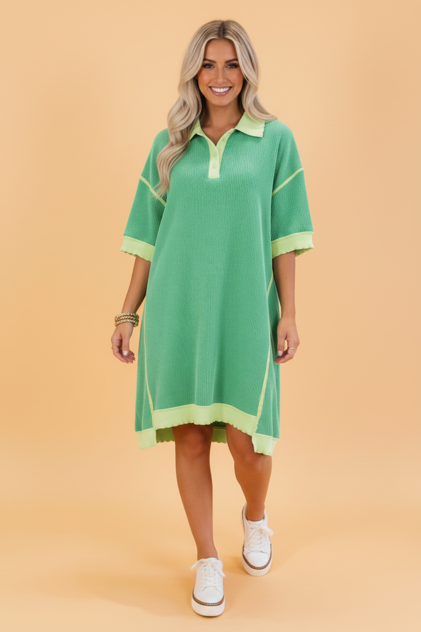 Colorblock Corded Knit Oversized Polo T-Shirt Dress