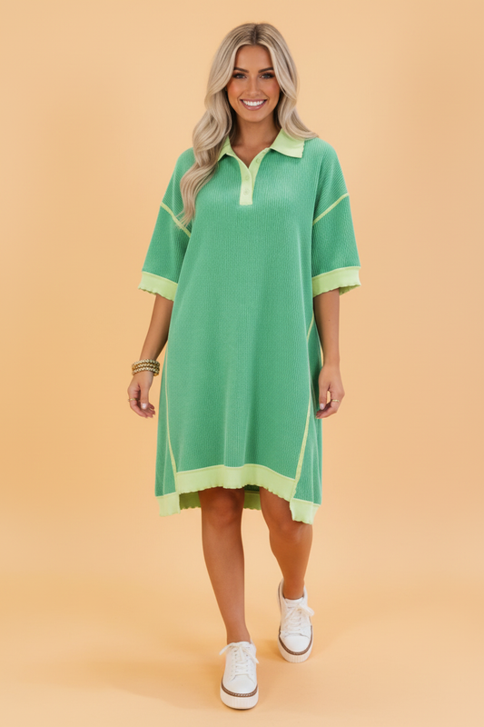 Colorblock Corded Knit Oversized Polo T-Shirt Dress