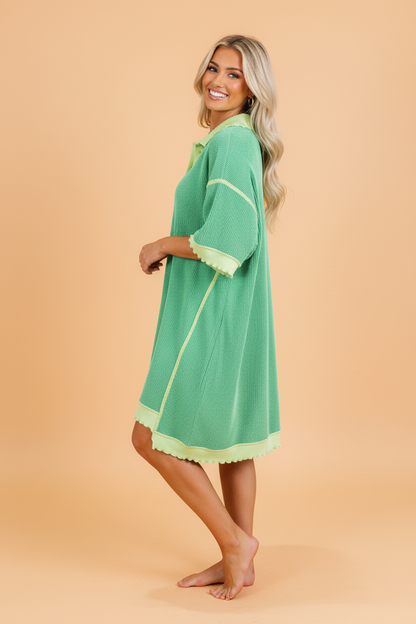 Colorblock Corded Knit Oversized Polo T-Shirt Dress