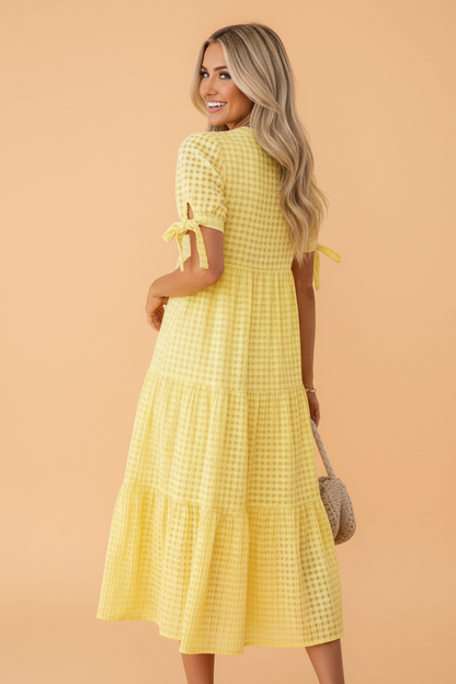 Gingham Textured Bow Tie Tiered Midi Dress