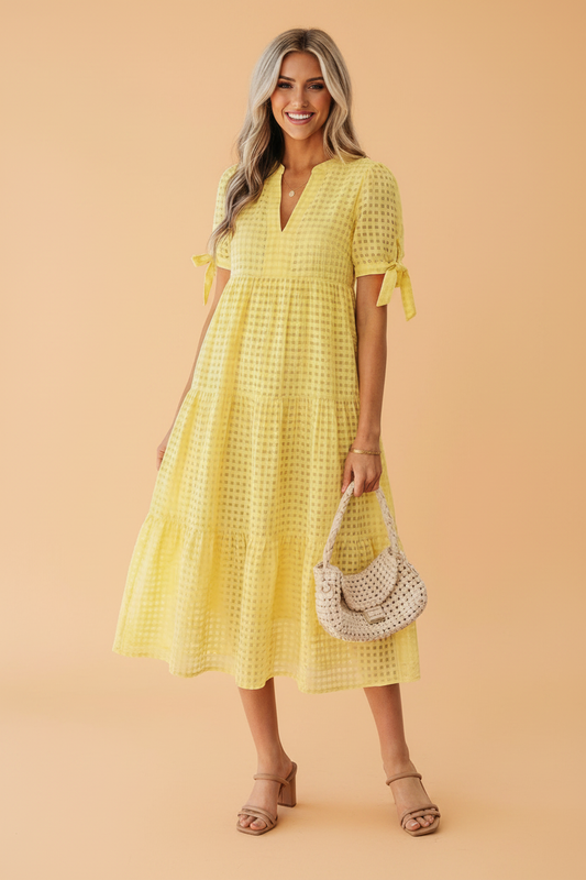 Gingham Textured Bow Tie Tiered Midi Dress