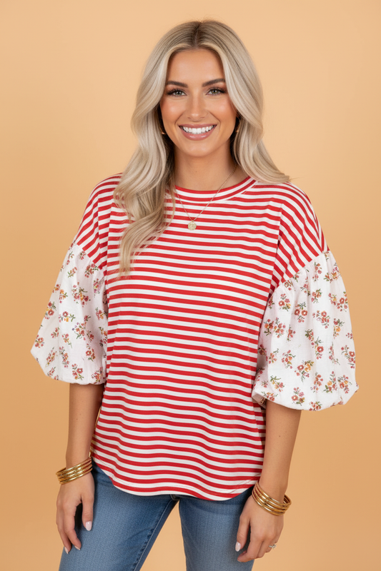 Floral Stripe Patchwork Puff Sleeve Round Neck Top