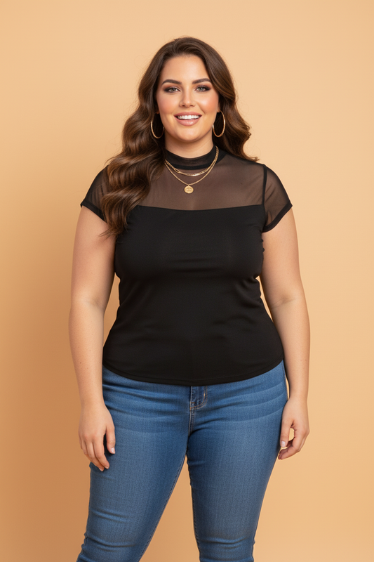 Plus Size Sheer Mesh Panel Short Sleeve Top