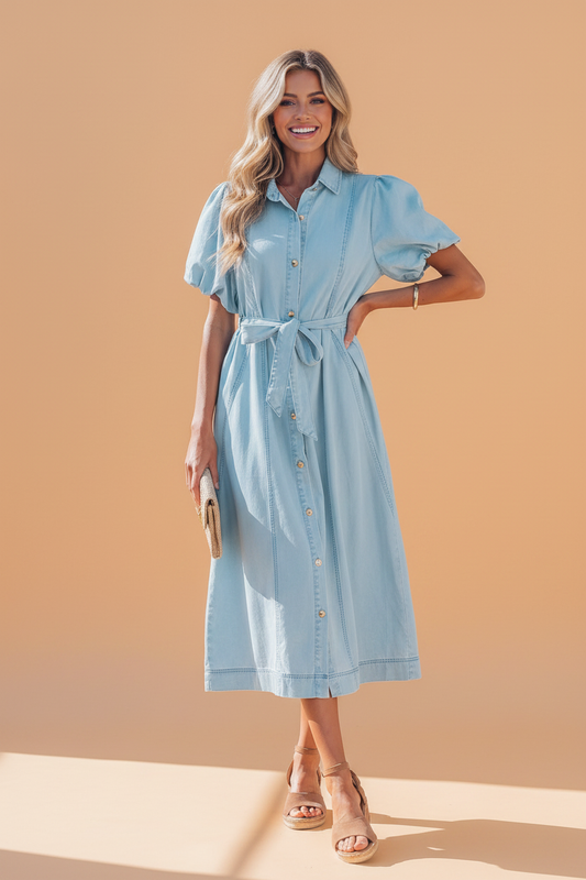 Solid Denim Collared Bubble Sleeve Buttoned Midi Dress