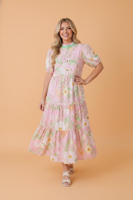 Floral Puff Sleeve Ruffle Tiered Maxi Dress