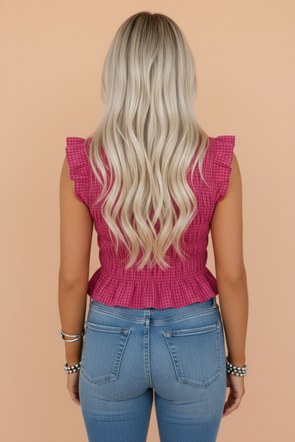 Gingham Plaid Shirred Ruffle Trim Tank Top