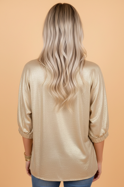 Metallic Collared V-Neck 3/4 Sleeve Top