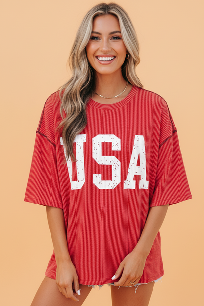 USA Corded Knit Short Sleeve Graphic Top