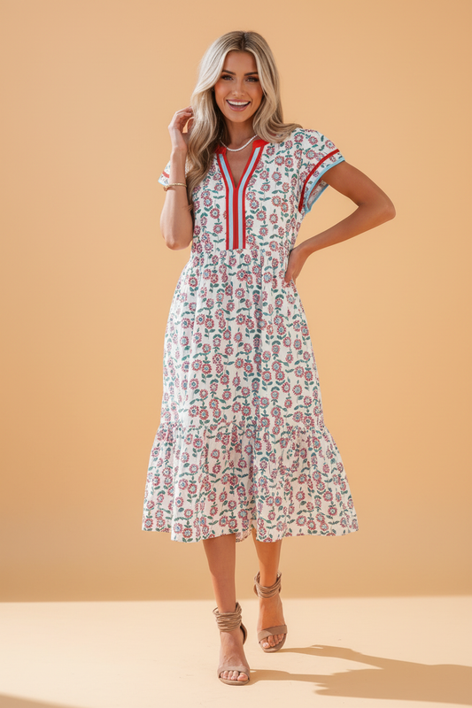 Sunflower Stripe Patchwork Flutter Sleeve Midi Dress