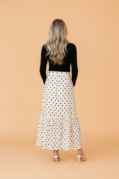 Polka Dot Ruffle Side Slit Maxi Skirt