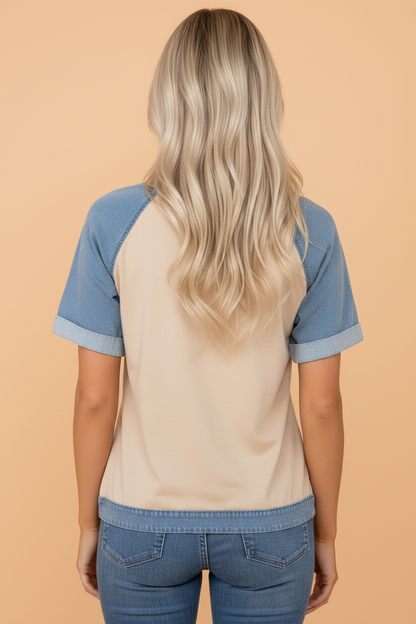 Colorblock Denim Patchwork Raglan Sleeve Tee