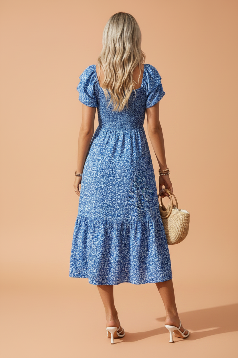 Floral Smocked Square Neck Ruffle Sleeve Dress