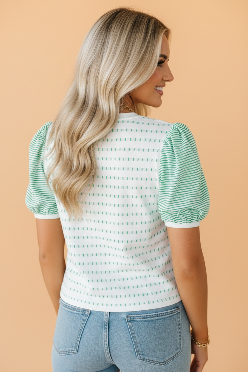 Stripe Patchwork Short Puff Sleeve Top