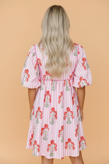 Floral Stripe Tie Neck Puff Sleeve Mini Dress