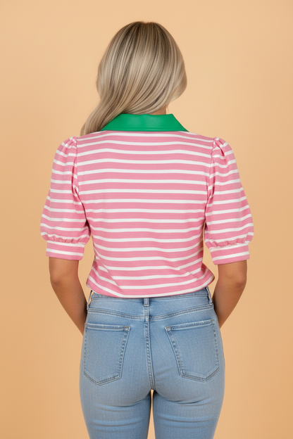 Stripe Colorblock Puff Sleeve Polo Collar Blouse