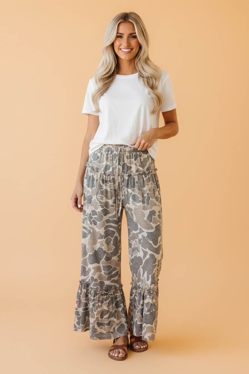 Abstract Leopard Ruffle Tiered Wide Leg Pants