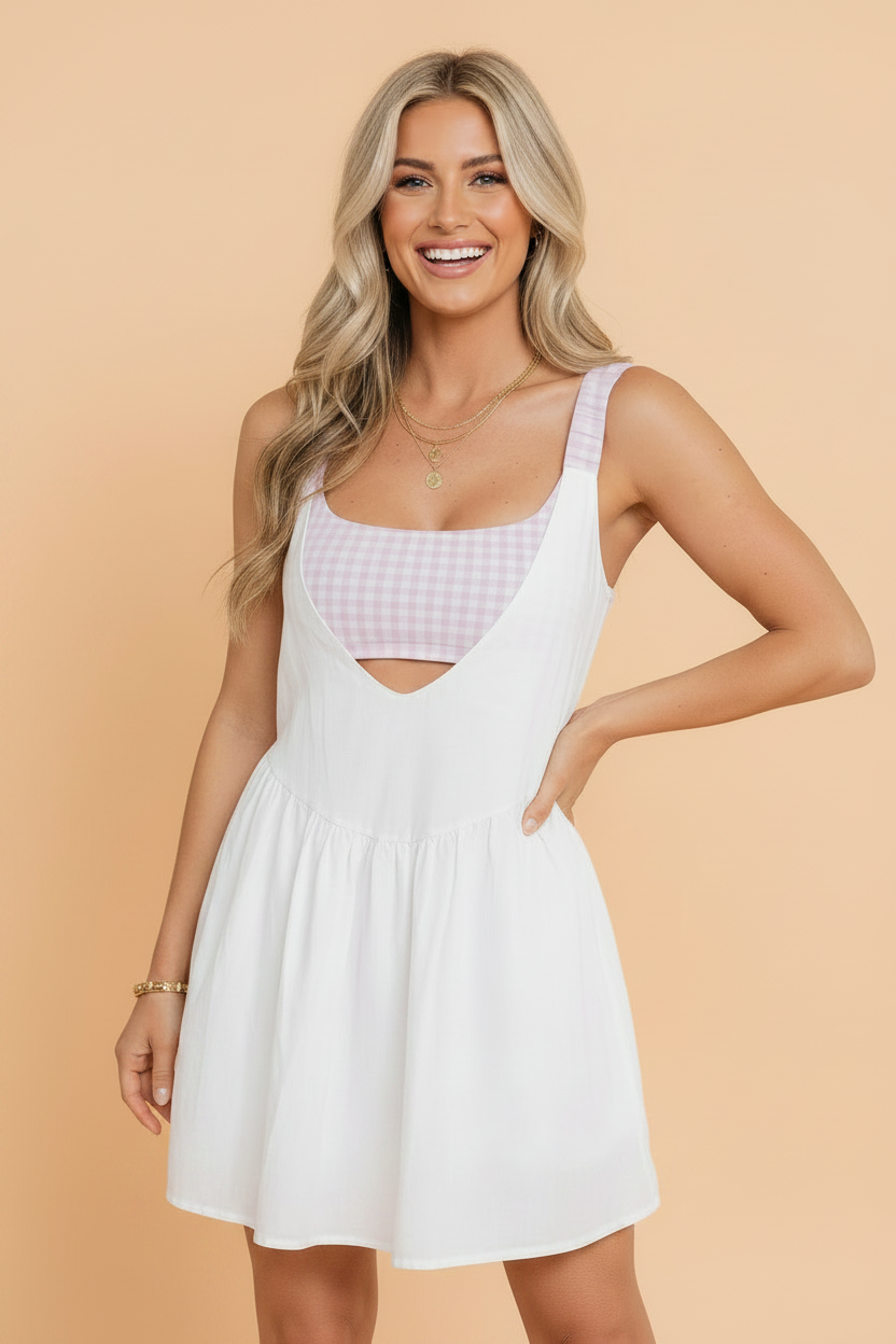 Gingham Patchwork Faux Two Piece Mini Dress