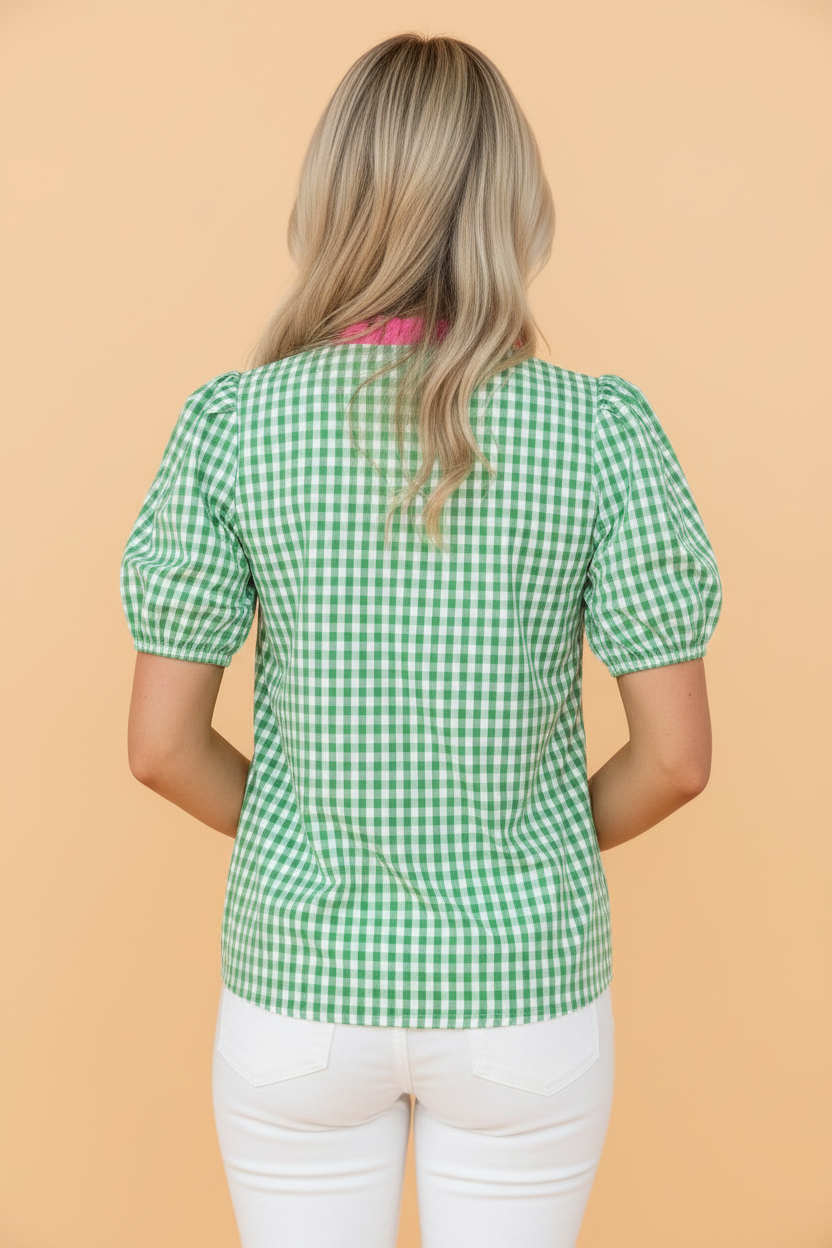 Gingham Bubble Sleeve Colorblock Trim V-Neck Blouse