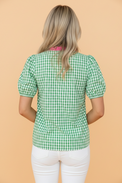 Gingham Bubble Sleeve Colorblock Trim V-Neck Blouse