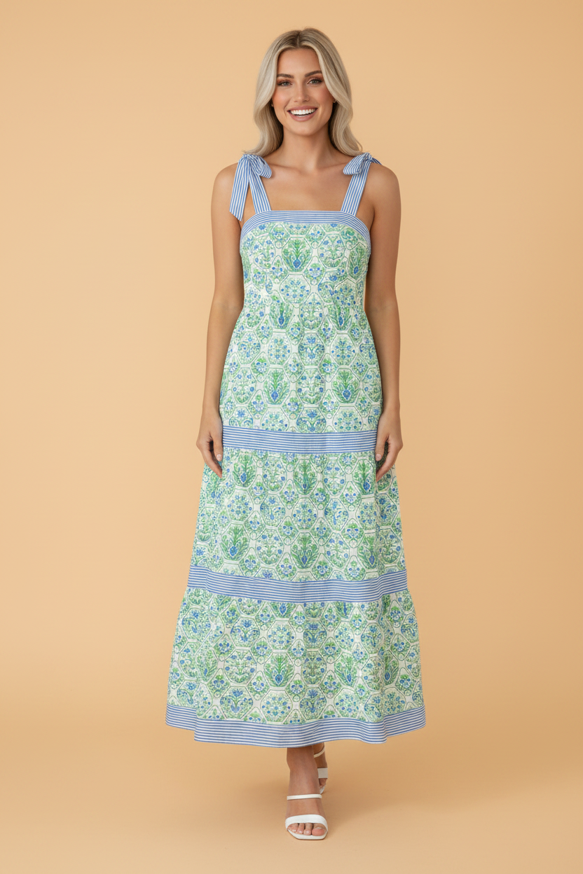 Floral Geometric Stripe Patchwork Sleeveless Dress