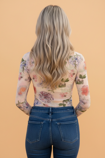 Floral Mesh Thumbhole Long Sleeve Slim Fit Top