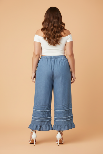 Plus Size Tiered Raw Edge Ruffle Denim Pants