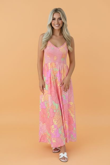 Floral Spaghetti Strap Shirred High Waist Dress
