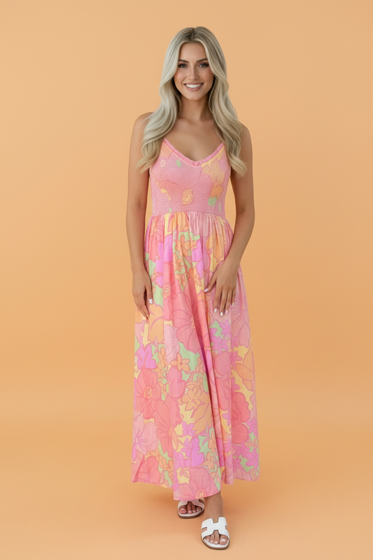 Floral Spaghetti Strap Shirred High Waist Dress
