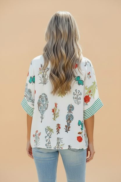 Floral Stripe Contrast Trim V-Neck Half Sleeve Blouse
