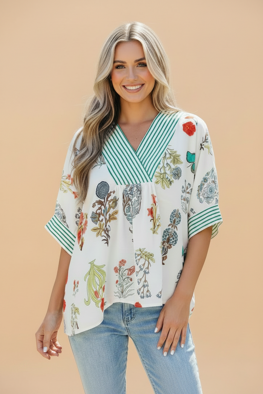 Floral Stripe Contrast Trim V-Neck Half Sleeve Blouse