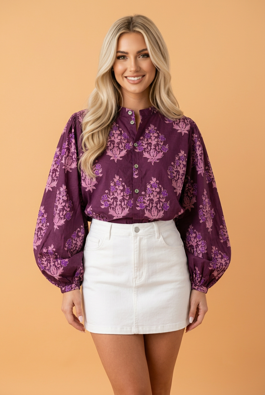 Floral Button Front Long Puff Sleeve Blouse