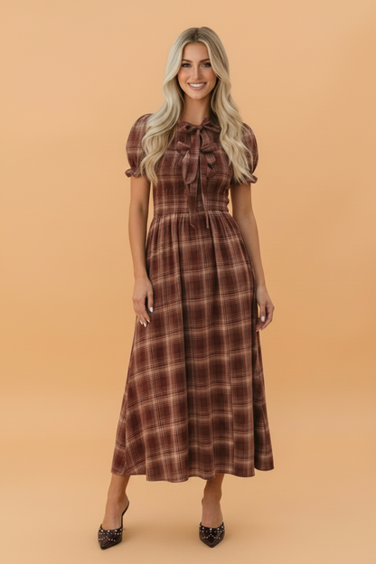 Plaid Vintage Knot Front Smocked High Waist Midi Dress