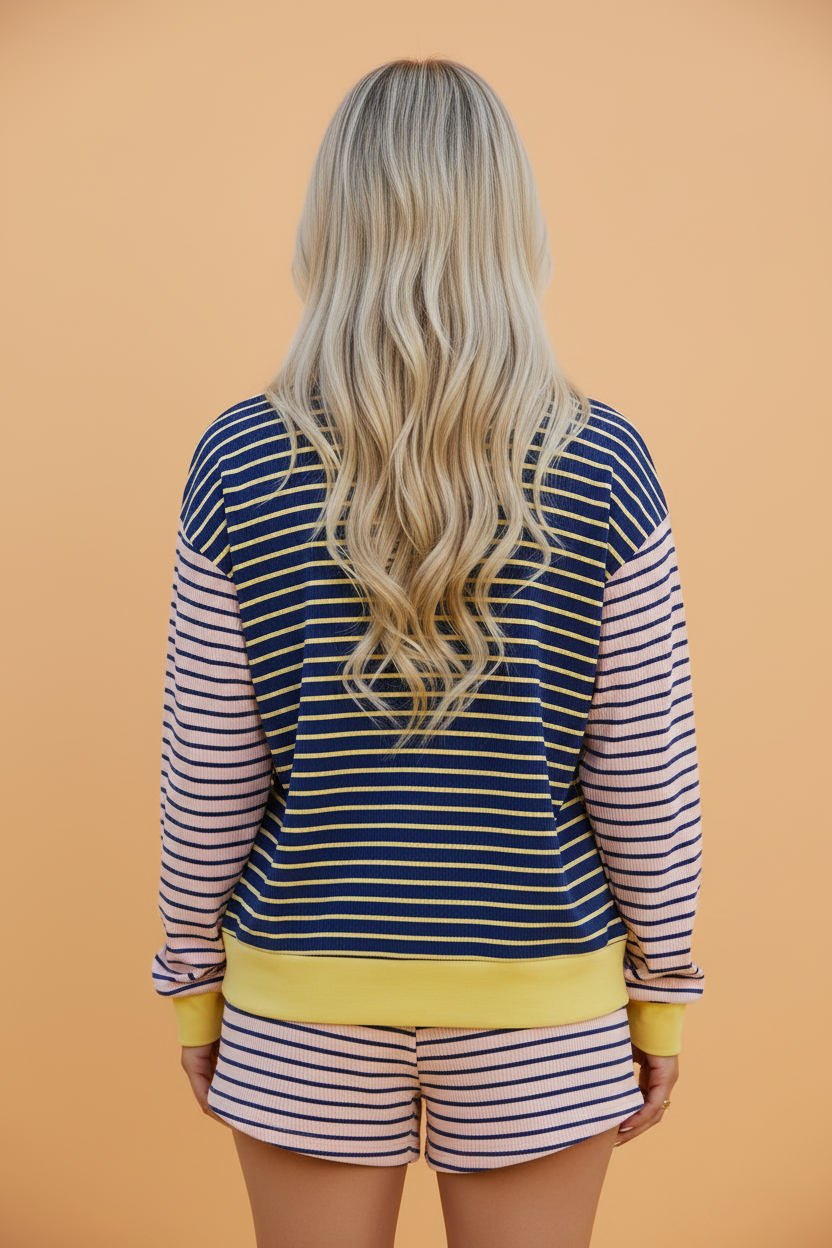 Stripe Long Sleeve Mock Neck Ribbed Knit Top & Shorts Set