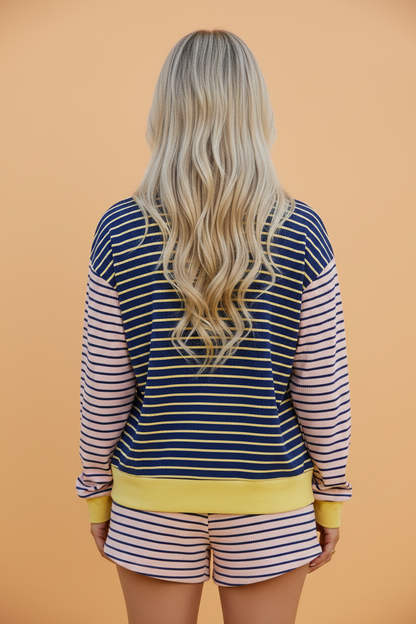 Stripe Long Sleeve Mock Neck Ribbed Knit Top & Shorts Set