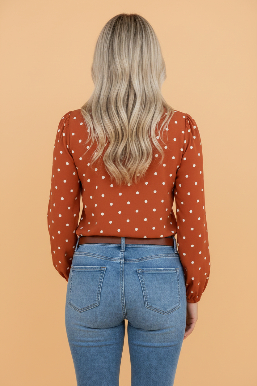 Polka Dot Half Button V-Neck Long Sleeve Blouse
