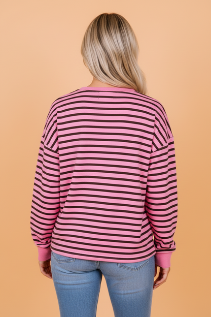Stripe V-Neck Drop Shoulder Long Sleeve Top