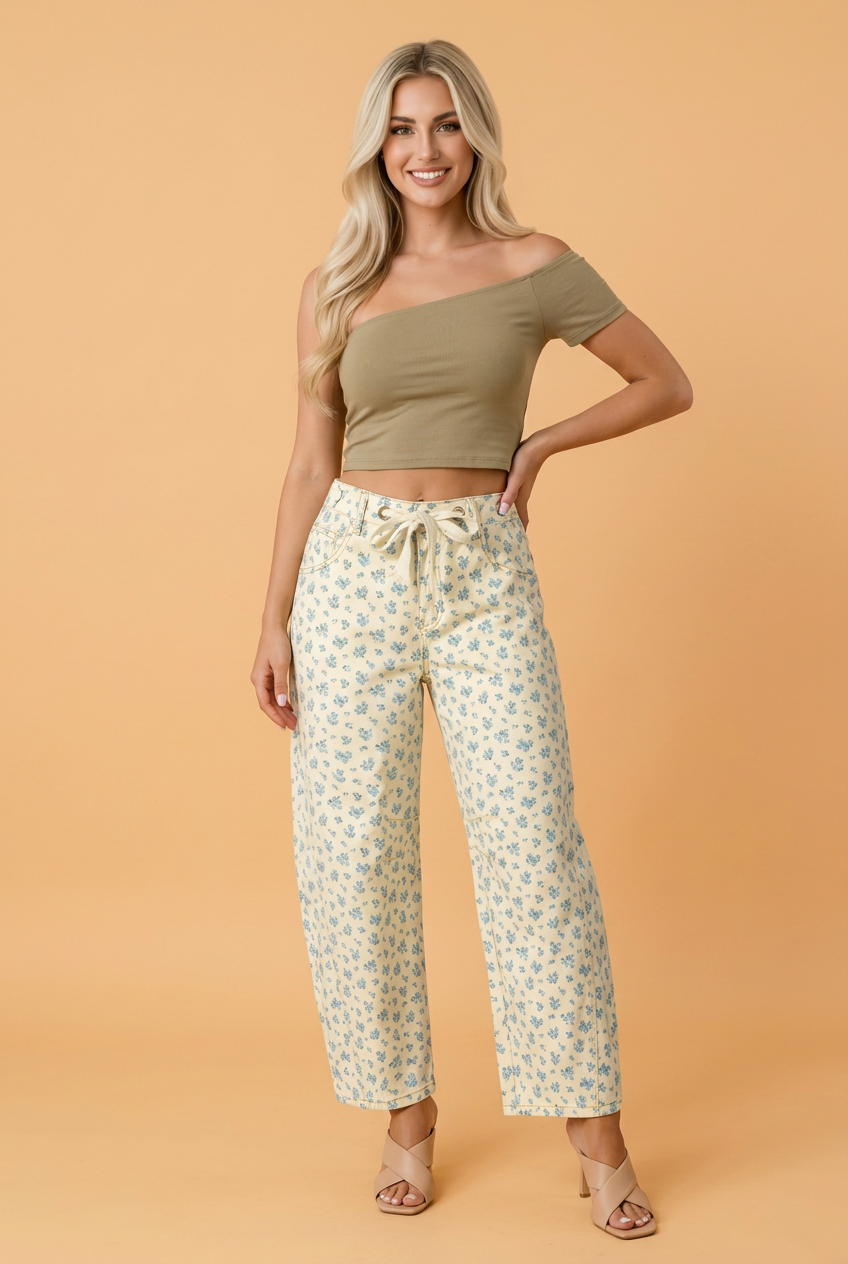 Floral Grommet Knot Waist Barrel Leg Jeans