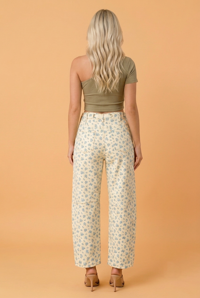 Floral Grommet Knot Waist Barrel Leg Jeans