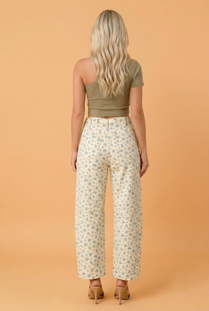 Floral Grommet Knot Waist Barrel Leg Jeans