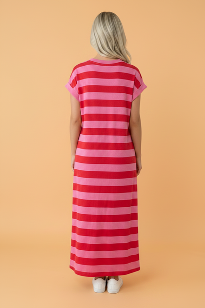 Stripe Cuffed Short Sleeve T-Shirt Long Dress w/ Pockets