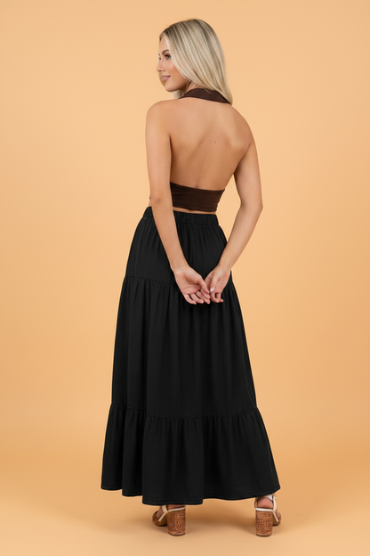 Denim Ruffle Tiered Flared Maxi Skirt